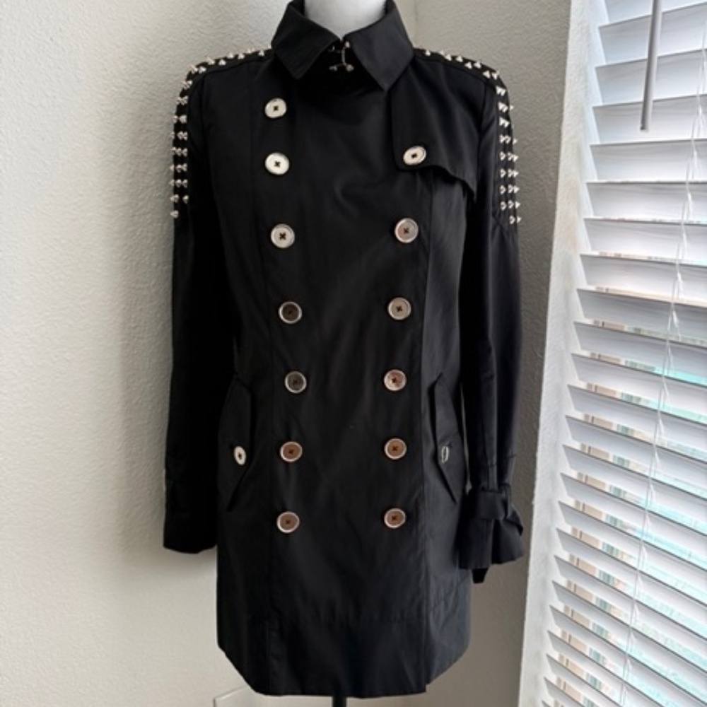 Sam Edelman Black Studded Trench Coat Jacket Silver Studs Women’s Size Small